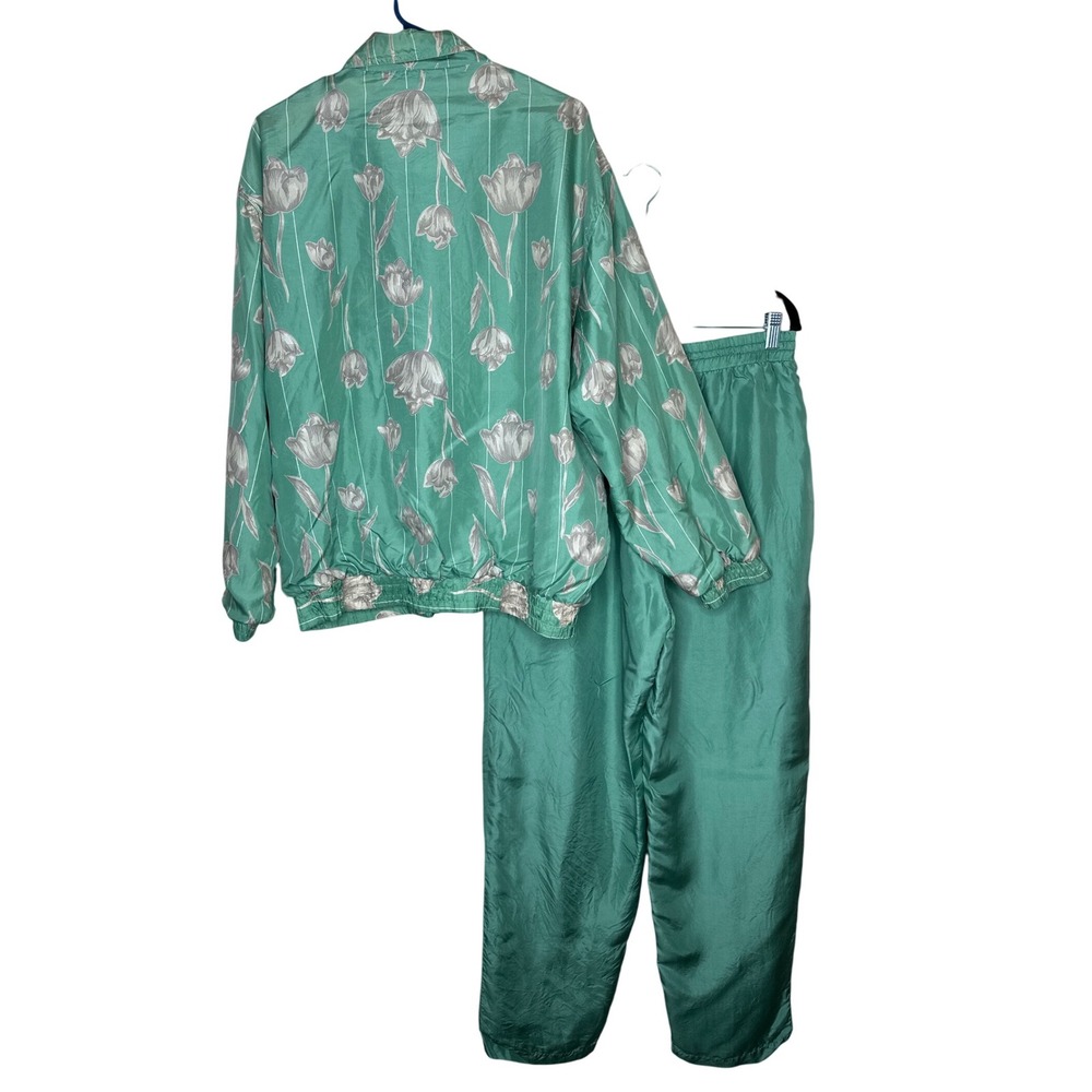 Coaco 90s VTG 100% Silk Nylon Tulip Print Tracksuit Jacket Pants Set Women's L - Picture 2 of 11